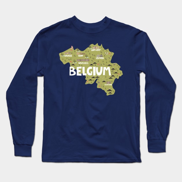 Belgium Illustrated Map Long Sleeve T-Shirt by JunkyDotCom